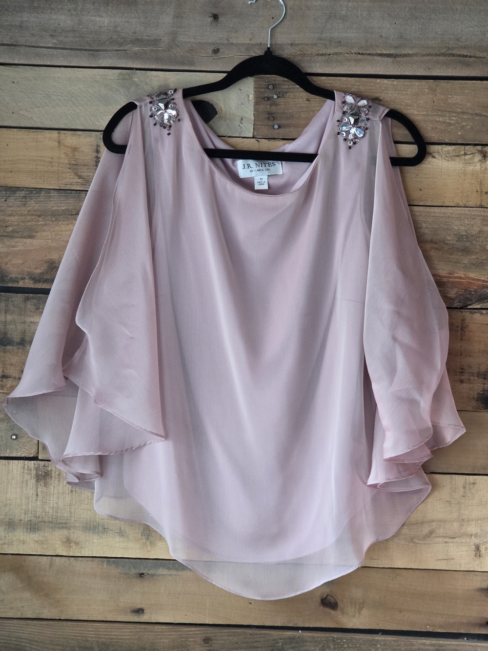 Blush Cold-Shoulder Chiffon Blouse with Embellished Shoulders (VINTAGE)